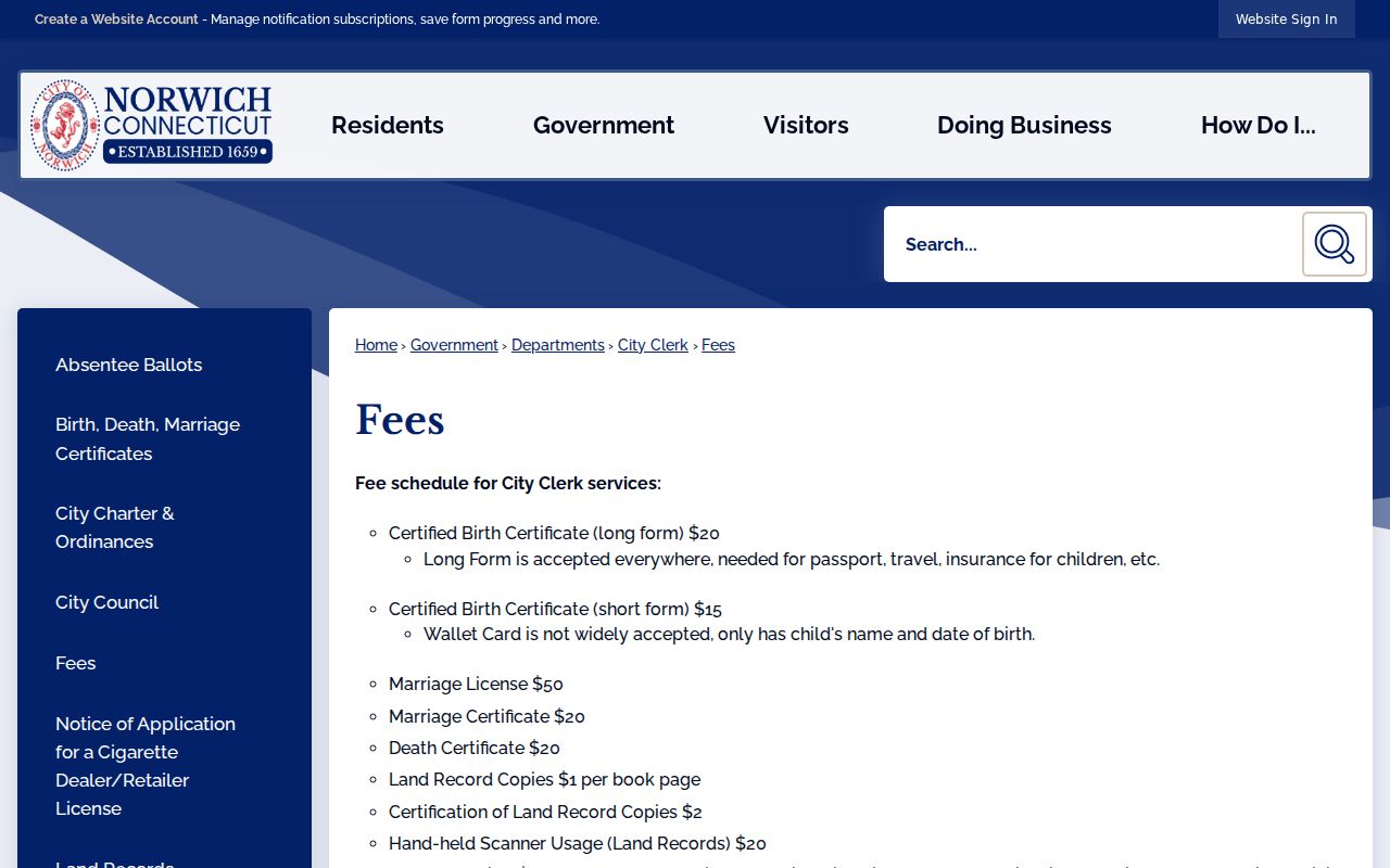 New London County clerk records Norwich Clerk fees