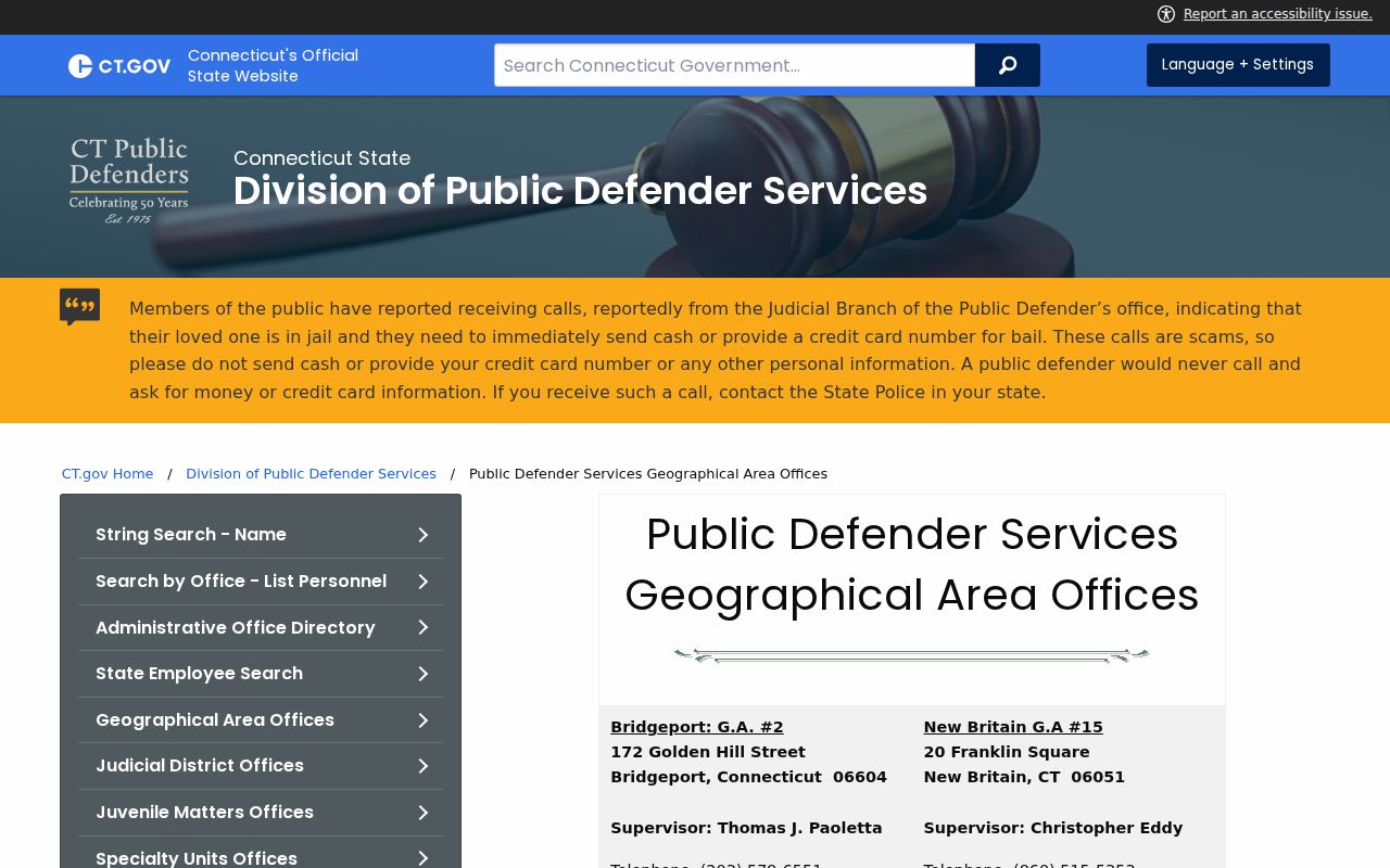 New London County arrest records Public Defender Geographical Area offices