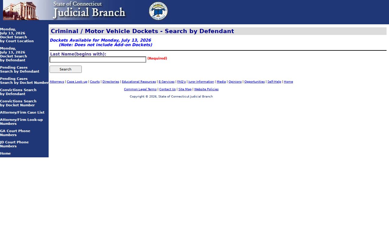 New London County court dockets daily docket by defendant