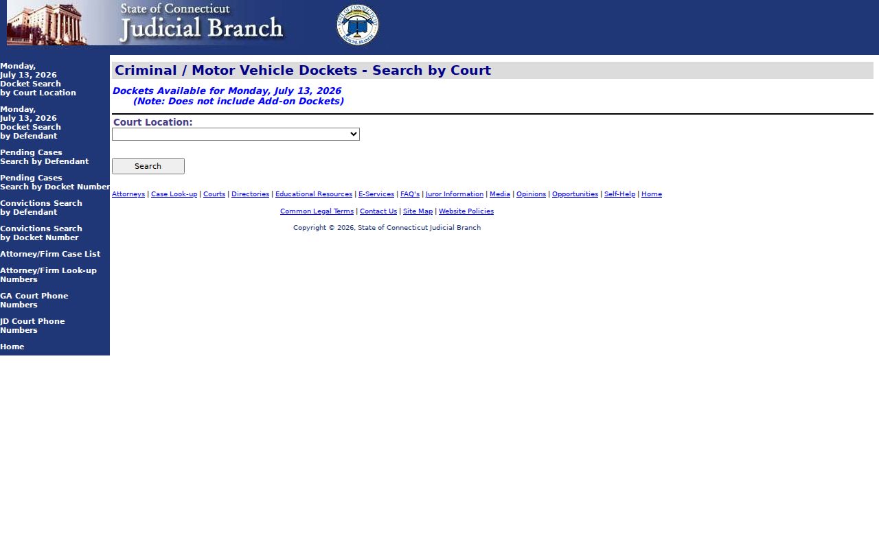 New London County court dockets daily docket by court location