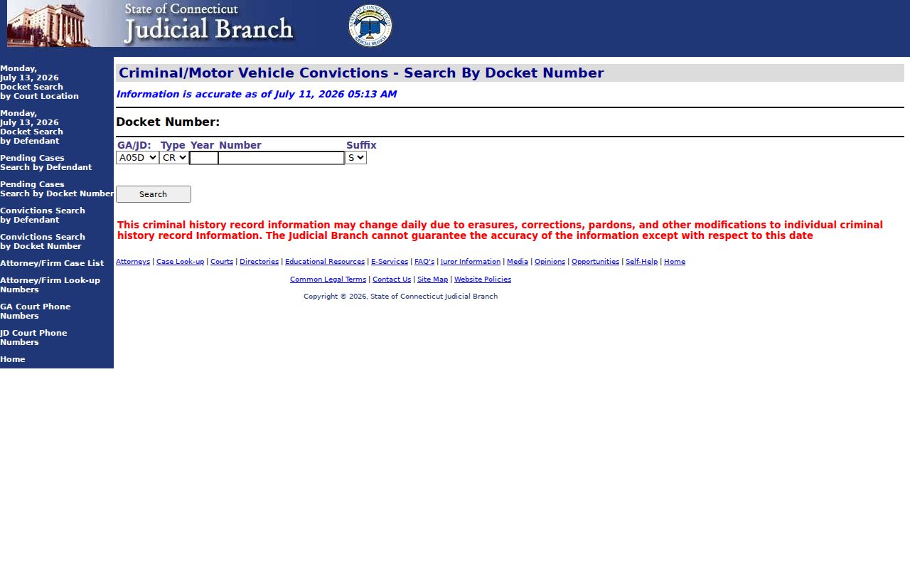 New London County court dockets disposed docket number search