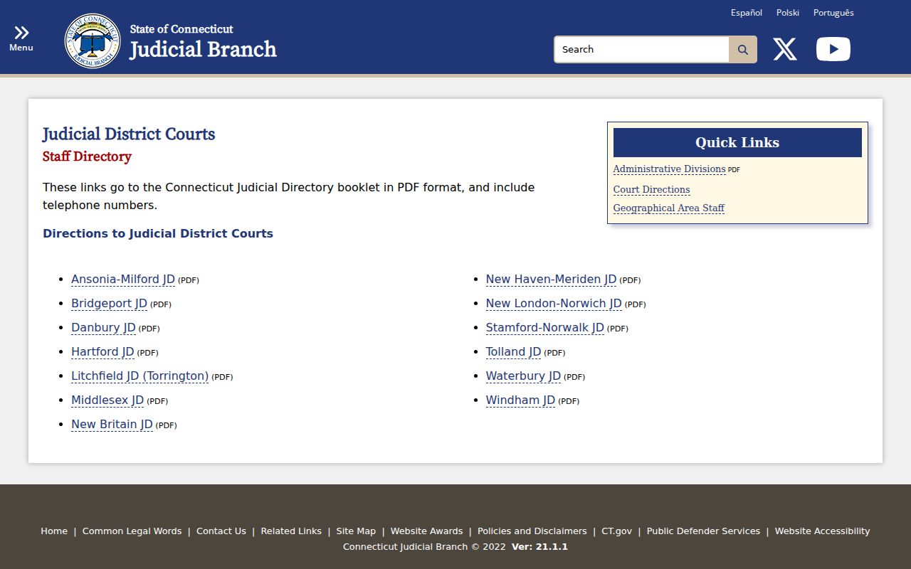 New London County court dockets Judicial District staff directory