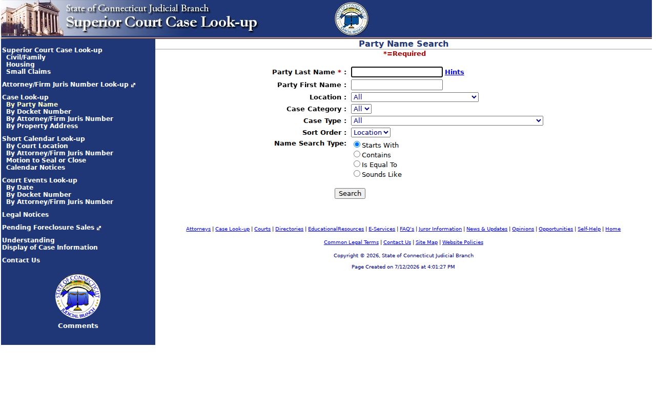 New London County court records civil case party search
