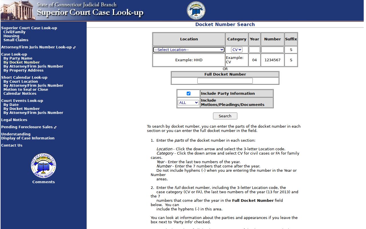 New London County court records civil docket number search