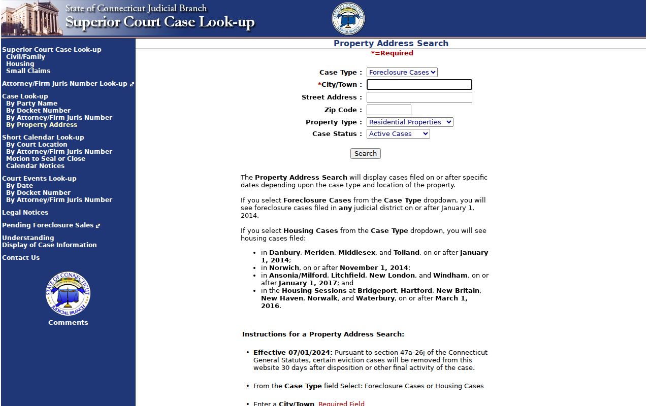 New London County court records property address search