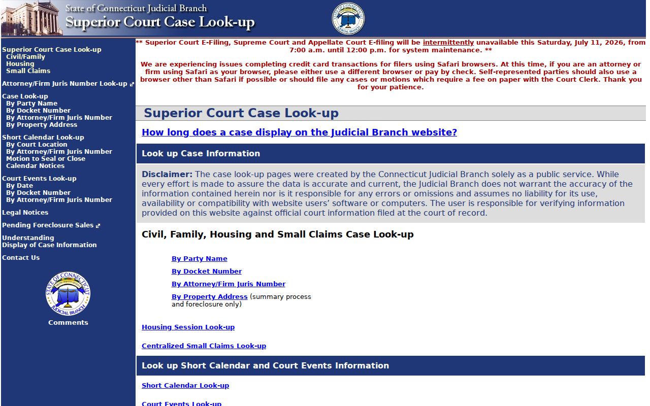 New London County court records Superior Court civil family housing lookup