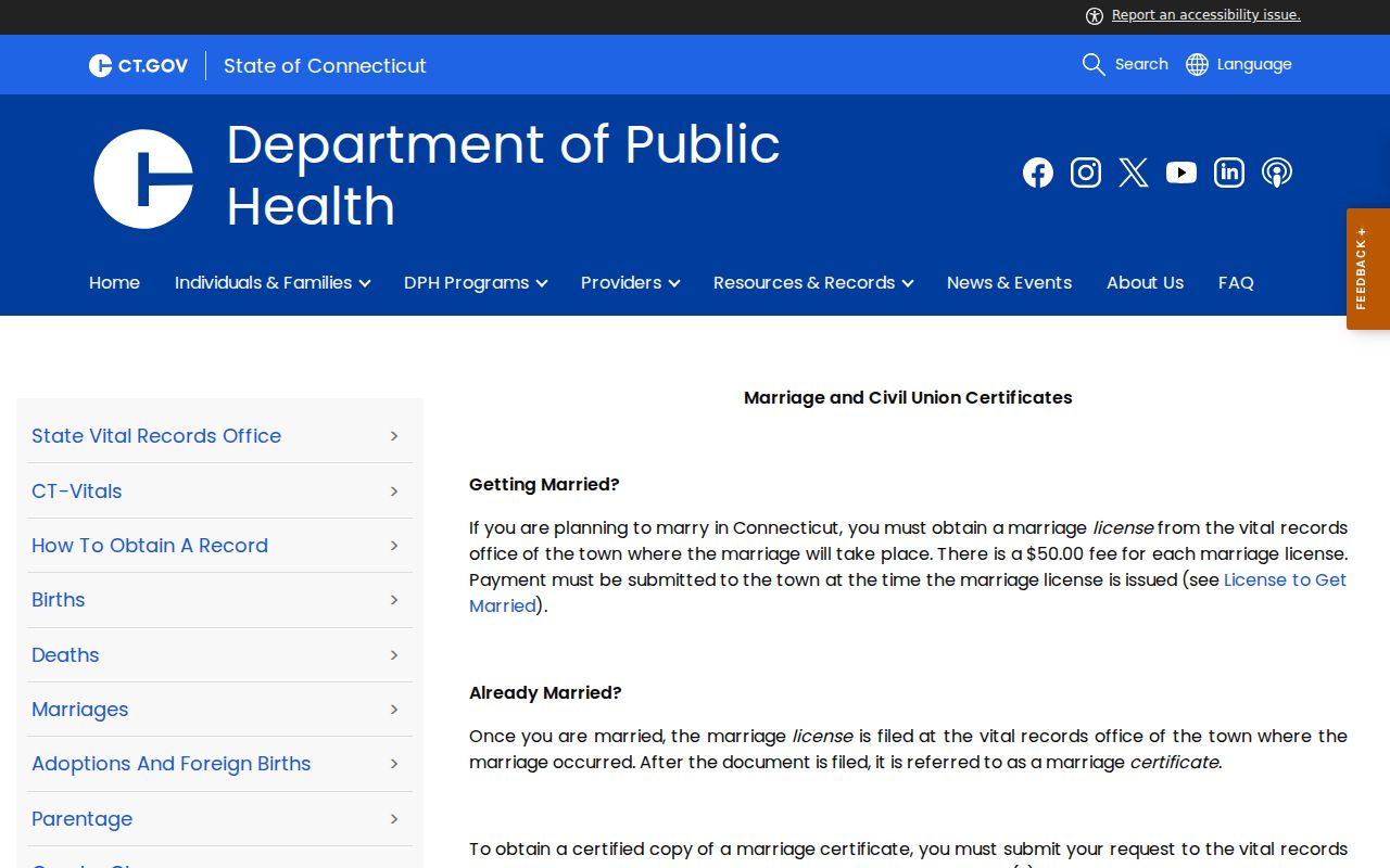 New London County court records DPH marriage certificate access rules