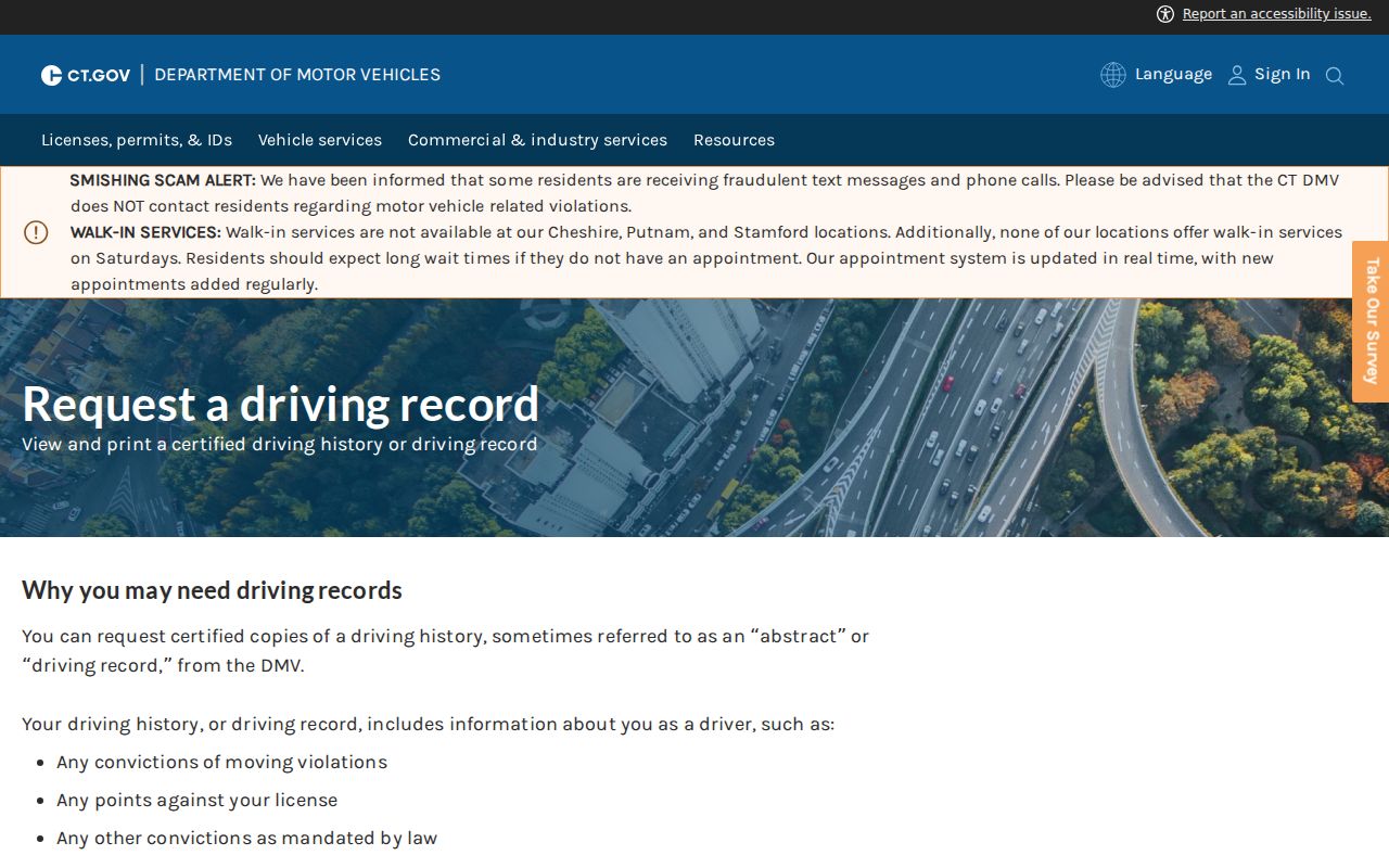 New London County traffic court records DMV certified driving history request