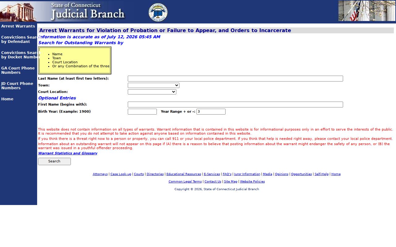 New London County warrant records Judicial Branch VOP failure-to-appear search